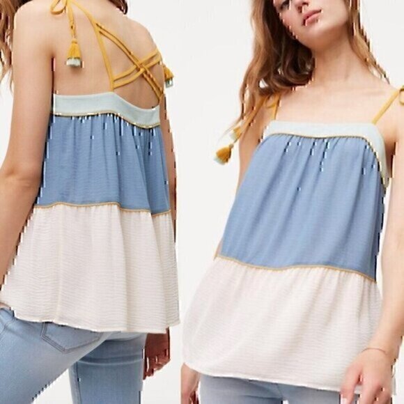 ANN TAYLOR LOFT Poolside Peplum Cami Cream Beige Blue Tassel Strappy Tank Blouse - Picture 1 of 12